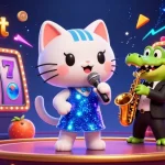 Engage with the vibrant world of idnslot as a jazz-singer cat performs on a casino stage surrounded by slot game elements.