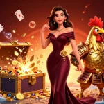 Experience excitement with kra103 онлайн as a glamorous woman and a golden rooster warrior celebrate big wins amidst treasure and cards.
