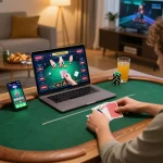 FAFA828 user engaging in poker gameplay on laptop while enjoying a cozy home setting