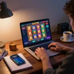 Engaging in a slot gacor game on a laptop, showcasing vibrant slot interface and strategic gaming atmosphere.