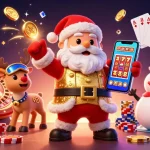 Experience the excitement of PG slot with Santa and friends amidst vibrant casino elements.