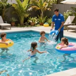 Dolphin Pool Services showcasing a family having fun by a pristine pool while a technician conducts maintenance.