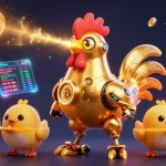 Illustration dynamique des meilleurs sites casino bonus avec un robot coq doré et des pièces de crypto-monnaie.