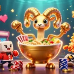 Join the fun at mansion88 with vibrant gaming elements like cards and neon coins in a lively casino scene.