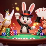 Engage with slot gacor in an exciting 3D scene featuring a magician, dove, and monkey amidst vibrant casino elements.