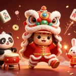 Spin the slot mahjong and enjoy vibrant 3D characters in a dynamic casino scene.