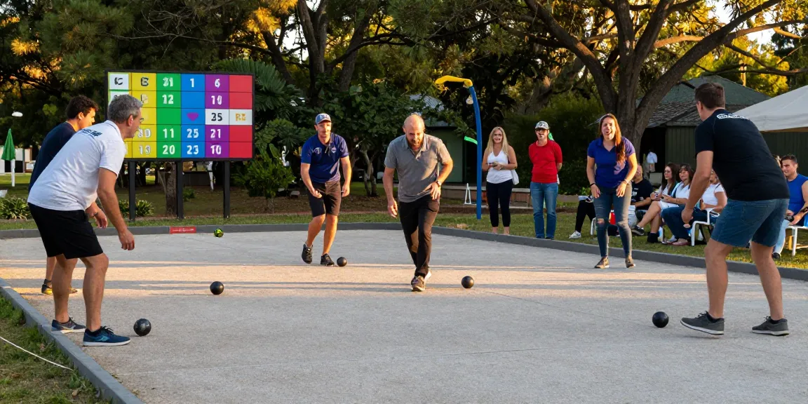 Aktivitas permainan petanque di fopikotamanado.org saat senja, pemain bersemangat melempar bola logam.