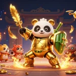 Illustrazione 3D di un panda dorato all'interno di un robot di combattimento in un'arena, con elementi di casino non aams sicuri.