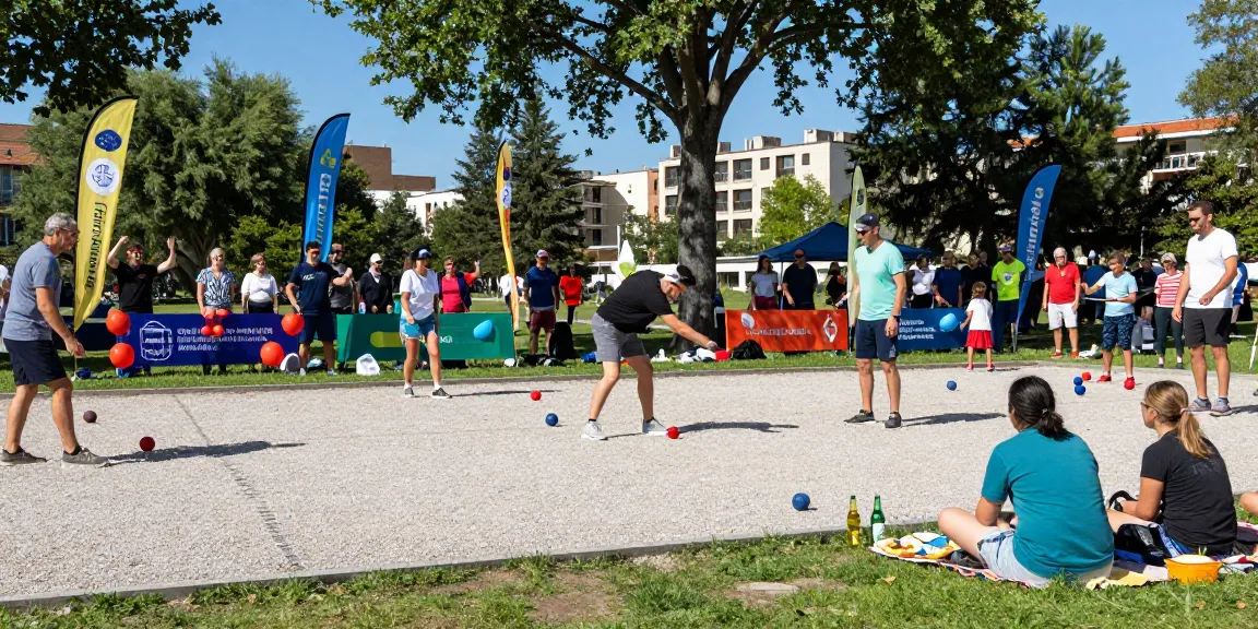 Turnamen petanque di fopikotabalikpap.org, pemain bersaing di taman kota yang cerah.