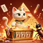 Engage in thrilling gameplay with slot777, featuring a cartoon Egyptian mummy cat, exciting slot elements, and winning chances.