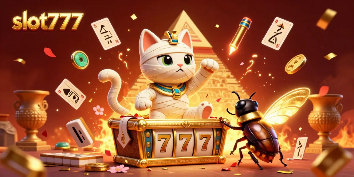 Engage in thrilling gameplay with slot777, featuring a cartoon Egyptian mummy cat, exciting slot elements, and winning chances.