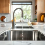 Elegant kitchen sink in stainless steel with flowing water, enhancing modern kitchen aesthetics.