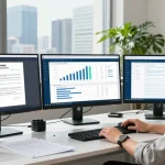 Data analyst detecting fake pdf with advanced AI in a modern office.