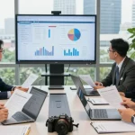 Tim auditor AAFI KOTA JAKARTA berdiskusi di ruang rapat modern, menampilkan data analisis dan laporan keuangan.