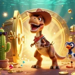 Visualisez un événement de casino populaire avec le motif bonus casino en ligne, mettant en scène un dinosaure cow-boy et des trésors.