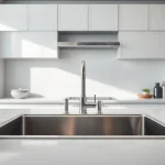 See a modern kitchen sink in stainless steel with bright lighting and elegant kitchenware.
