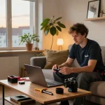Monteurzimmer mieten Hannover – Gemütliches Wohnzimmer mit entspannter Atmosphäre und beruflichen Utensilien.