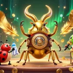 hargatoto features a dynamic battle scene with a golden beetle champion, ladybug, and caterpillar in a vibrant casino arena