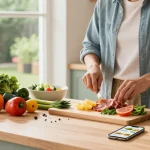 Best food tracker app displayed on a smartphone in a bright kitchen with fresh ingredients.