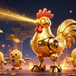 แทงบอล SBOBET showcases a dynamic scene with a golden rooster robot and chick drones in an exciting sports betting arena.
