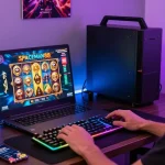 Player enjoying the Spaceman88 game on a stylish gaming laptop with modern tech gadgets, energetic atmosphere.