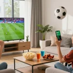 Friends enjoying kora tv live sports broadcast in a lively living room