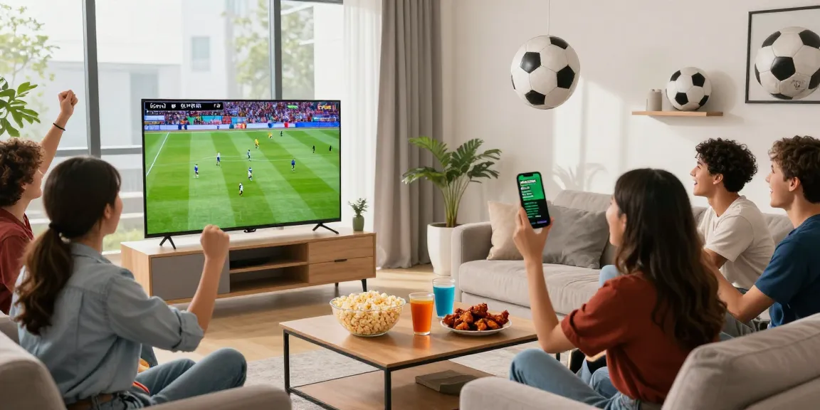 Friends enjoying kora tv live sports broadcast in a lively living room