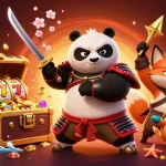 Engaging scene of a fierce samurai panda and ninja fox in a mekar11 daftar themed casino, showcasing slot reels.