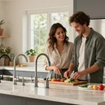 High-quality kitchen faucets in a modern kitchen scene with a couple cooking.