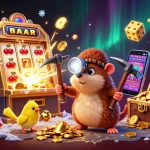 Spin the reels with elang212's treasure hunter mole amid a lively casino environment brimming with excitement.