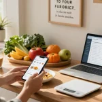 Finding the best food tracker while preparing a healthy meal in a modern kitchen.