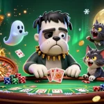 Engaging scene depicting the "diy home décor blog" theme with a cartoon poker game hosted by a Frankenstein bulldog!