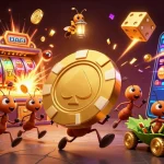 Experience thrilling adventures with slot depo 5rb as cartoon ants carry a giant poker chip in a vibrant casino scene.