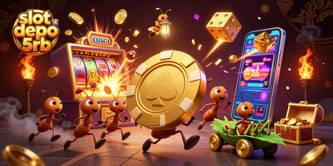 Experience thrilling adventures with slot depo 5rb as cartoon ants carry a giant poker chip in a vibrant casino scene.